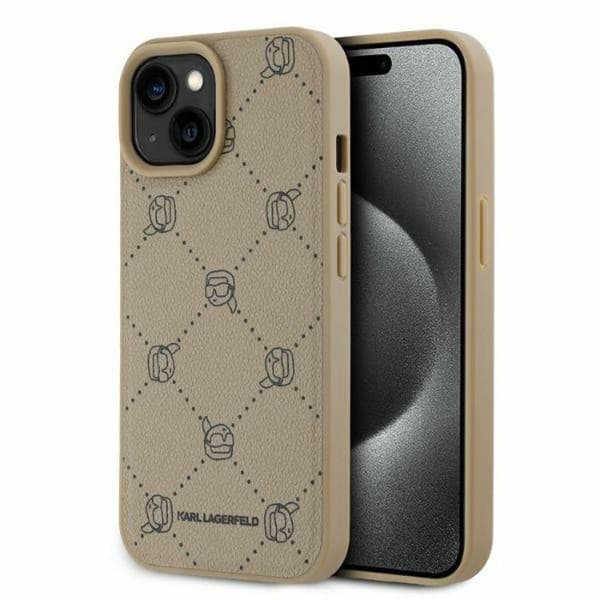 iPhone 15-fodral - Karl Lagerfeld läder MagSafe (KLHMP15SPGKHPHE) - Beige Karl-huvud