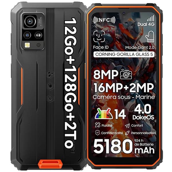 Blackview BV4800 Pro Unbreakable Mobiltelefon 6,56" (4+8)GB+128GB Smartphone Android 14 5180mAh 16MP, Dual SIM, NFC - Orange