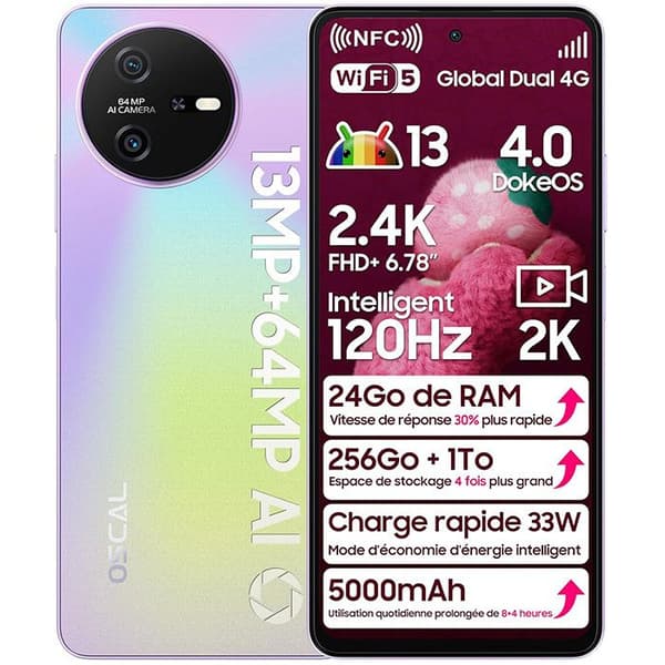 Oscal Tiger 12 olåst mobiltelefon 6,78 tum 24GB+256GB-SD 1TB 64MP Kamera 5000mAh Android 13 NFC Dual SIM GPS - Lila