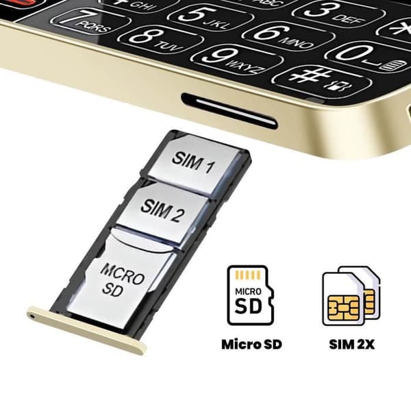 Fällbar 2G mobiltelefon med dubbelskärm, dubbla SIM-kort, 1350mAh batteri, Guld.