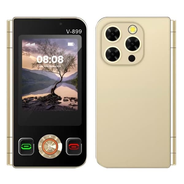 Fällbar 2G mobiltelefon med dubbelskärm, dubbla SIM-kort, 1350mAh batteri, Guld.