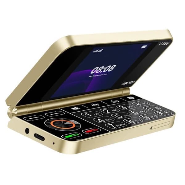 Fällbar 2G mobiltelefon med dubbelskärm, dubbla SIM-kort, 1350mAh batteri, Guld.