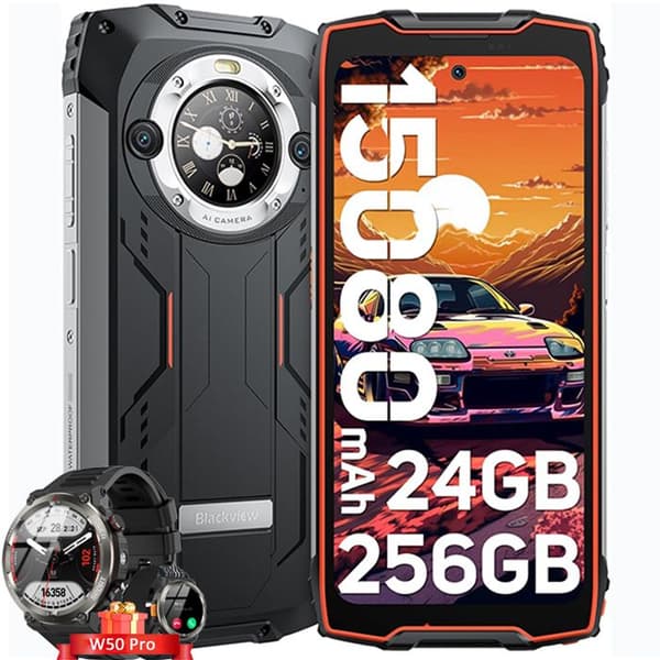 Blackview BV9300 Pro Oförstörbar Mobiltelefon 6.7" 24Go+256Go 15080mAh 33W 64MP NFC Orange med Smartwatch Blackview W50 Pro