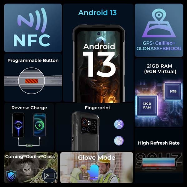Ombrytbar Mobiltelefon HOTWAV Cyber X Pro 21Go+256Go 6,78''FHD+ 10200mAh/33W 108MP Android 13 Robust Smartphone IP68 4G NFC