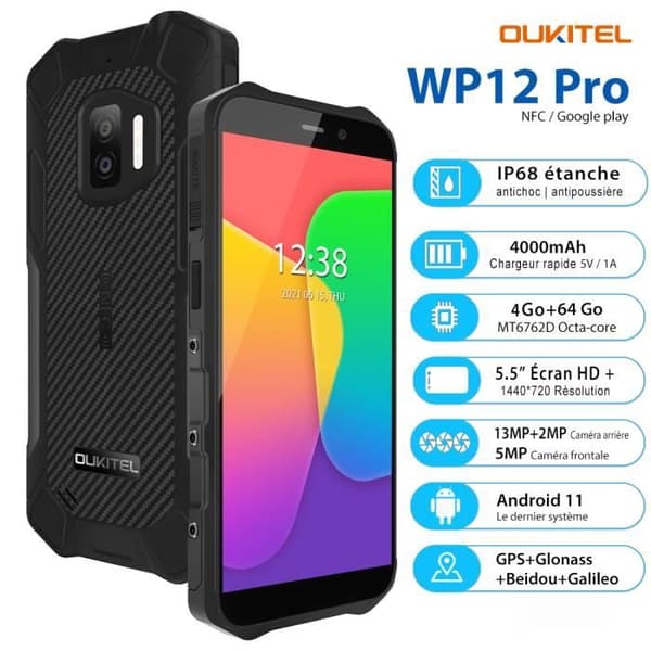 OUKITEL WP12 Pro 64 GB Robust Smartphone IP68 Vattentät 5,5" 13MP batteri 4000mAh GPS Dual SIM - Svart