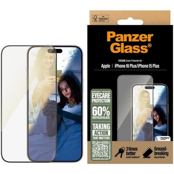PanzerGlass EyeCare Apple iPhone 16 Plus/15 Plus med installationsram