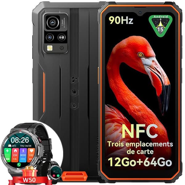 Blackview BV4800 SE Smartphone Okrossbar 6,56" 12Go+64Go 5100mAh Dual SIM Android 15 Orange med Smartwatch Blackview W50
