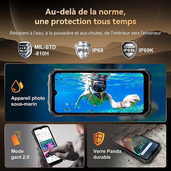 Oscal MARINE 2 Mobiltelefon Oslagbar 24Go+256Go-SD 2To 6.56" 90Hz Gemini AI 2.0 11000mAh Android 15 Dubbel SIM 4G GPS - Svart
