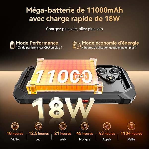 Oscal MARINE 2 Mobiltelefon Oslagbar 24Go+256Go-SD 2To 6.56" 90Hz Gemini AI 2.0 11000mAh Android 15 Dubbel SIM 4G GPS - Svart
