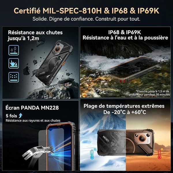 Oscal MARINE 1 Mobiltelefon Slitstark 12Go+128Go-SD 2To 6.56" 90Hz Gemini AI 2.0 5100mAh Android 15 Dubbel SIM 4G GPS - Svart