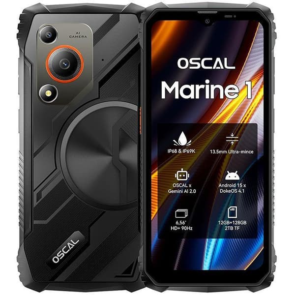Oscal MARINE 1 Mobiltelefon Slitstark 12Go+128Go-SD 2To 6.56" 90Hz Gemini AI 2.0 5100mAh Android 15 Dubbel SIM 4G GPS - Svart