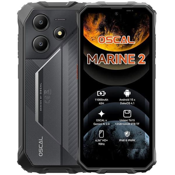 Oscal MARINE 2 Mobiltelefon Slagtålig 12Go+64Go-SD 2To 6.56" 90Hz Gemini AI 2.0 11000mAh Android 15 Dubbel SIM 4G GPS - Svart