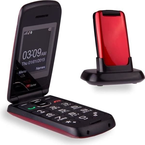 TTfone Star- Lätt att använda Flip &amp; Big Key mobiltelefon utan SIM-kort (rött)