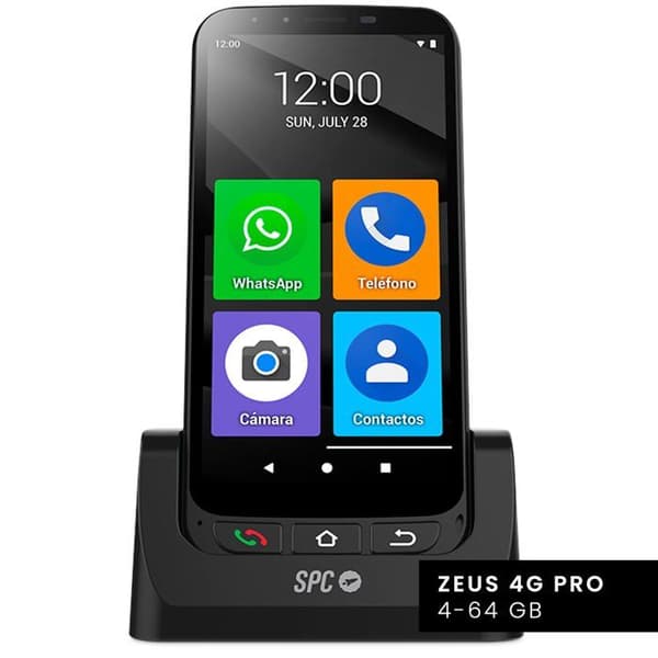 SPC ZEUS 4G PRO + Fodral – Senior Smartphone 4/64GB, enkelt läge med stora ikoner, SOS-knapp, Smart Hjälp, Android, laddningsbas Svart