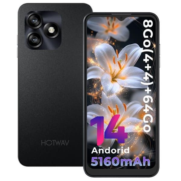 HOTWAV Note 15 Smartphone Billig - Gåvor För Mors Dag/Pappas Dag - 6,6" HD+ 4+64Go 5160mAh 4G Android 14 Mobiltelefon - Svart