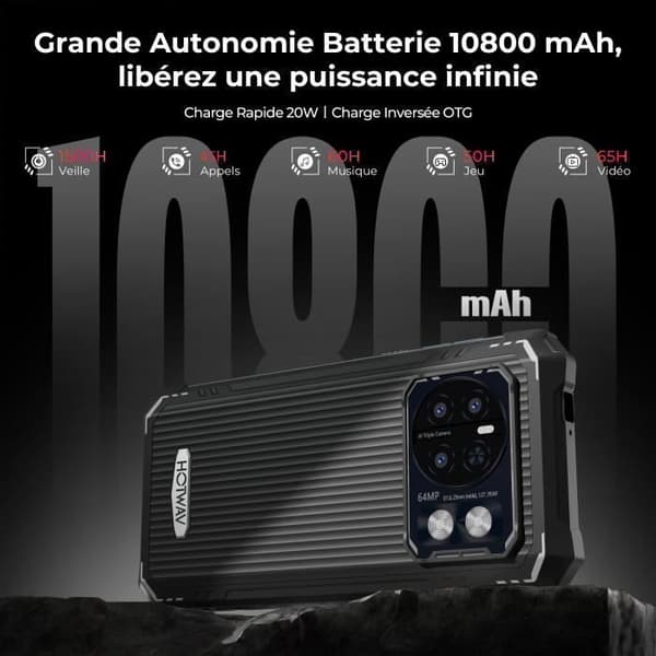 HOTWAV Cyber 13 Pro Smartphone Robust 20Go+256Go 10800mAh Kamera 64MP 6.6'' FHD+ 4G Infraröd Fjärrkontroll NFC/Face ID - Svart