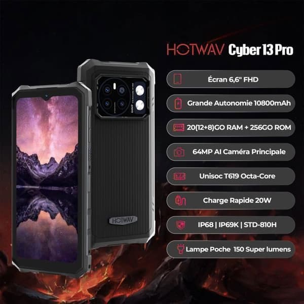 HOTWAV Cyber 13 Pro Smartphone Robust 20Go+256Go 10800mAh Kamera 64MP 6.6'' FHD+ 4G Infraröd Fjärrkontroll NFC/Face ID - Svart