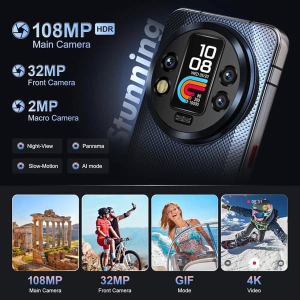 OUKITEL WP200 Pro 5G Okross Smartphones 72Go+1To 6.7'' Android 15 Robust 108MP med Avtagbara Klocka WiFi6/NFC, Svart