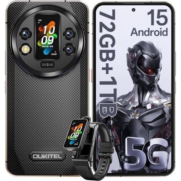 OUKITEL WP200 Pro 5G Okross Smartphones 72Go+1To 6.7'' Android 15 Robust 108MP med Avtagbara Klocka WiFi6/NFC, Svart