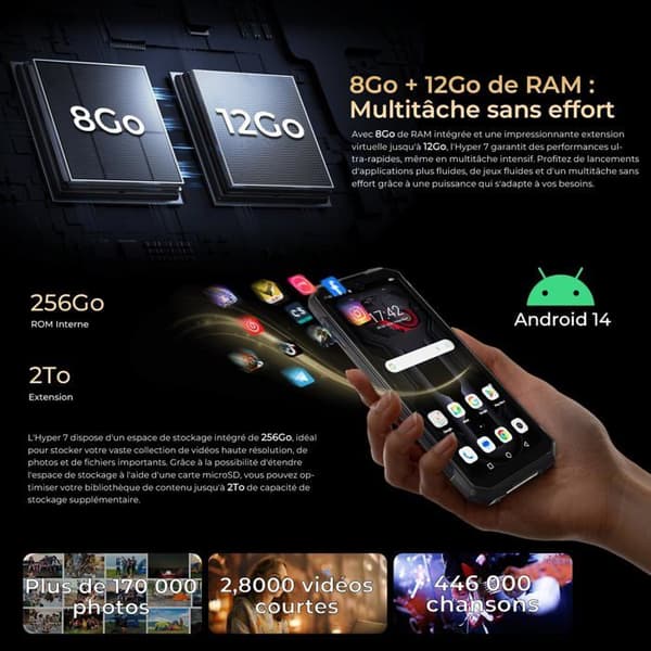 HOTWAV Hyper 7 Mobiltelefon Ouppbruten 5G - 20Go+256Go, 10800mAh 6.6"FHD+ 120Hz 64MP 280LM Campinglampa, Android 14 NFC, Gul