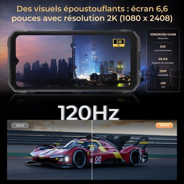 HOTWAV Hyper 7 Mobiltelefon Ouppbruten 5G - 20Go+256Go, 10800mAh 6.6"FHD+ 120Hz 64MP 280LM Campinglampa, Android 14 NFC, Gul