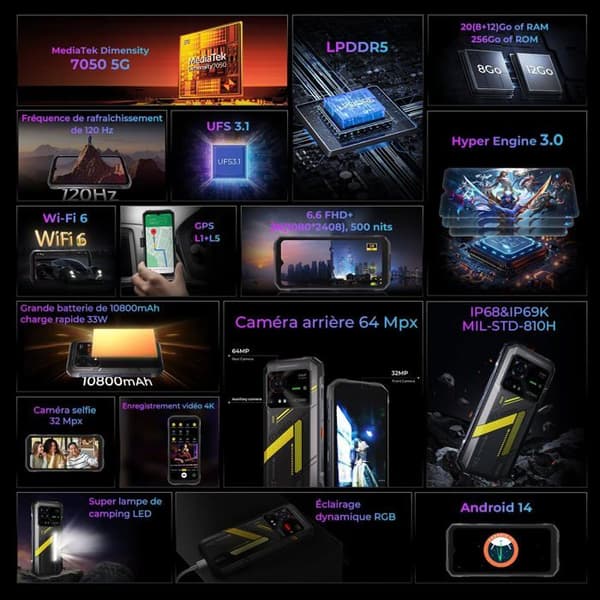 HOTWAV Hyper 7 Mobiltelefon Ouppbruten 5G - 20Go+256Go, 10800mAh 6.6"FHD+ 120Hz 64MP 280LM Campinglampa, Android 14 NFC, Gul