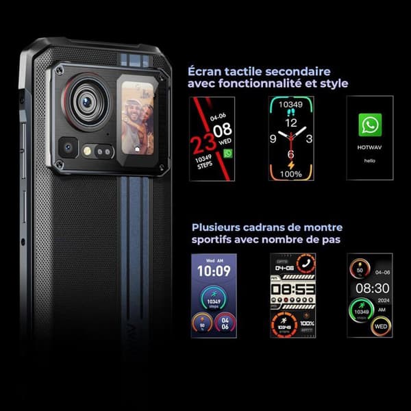HOTWAV Cyber 15 Telefon Portabel Incassable 24(12+12)Go+256Go 200MP, 120Hz 6,6" FHD+ 6280mAh Smartphone Incassable IP68/NFC, Svart