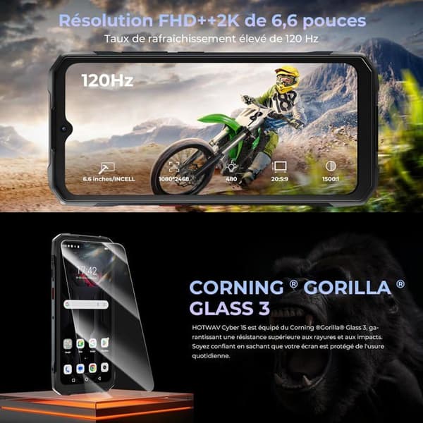 HOTWAV Cyber 15 Telefon Portabel Incassable 24(12+12)Go+256Go 200MP, 120Hz 6,6" FHD+ 6280mAh Smartphone Incassable IP68/NFC, Svart