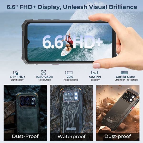 Mobiltelefon Incassable HOTWAV Cyber 13 Pro 20Go+256Go 10800mAh 6,6" FHD+ 64MP, IP68 Vattentålig /NFC/OTG/GPS Dubbel SIM 4G - Svart