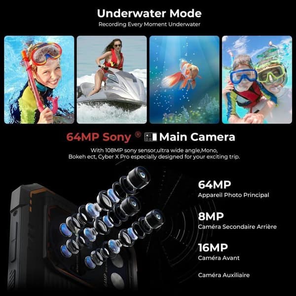 Mobiltelefon Incassable HOTWAV Cyber 13 Pro 20Go+256Go 10800mAh 6,6" FHD+ 64MP, IP68 Vattentålig /NFC/OTG/GPS Dubbel SIM 4G - Svart