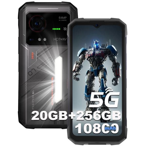 HOTWAV Hyper 7 Mobiltelefon Stöttålig 5G - 20Go+256Go, 10800mAh 6.6"FHD+ 120Hz 64MP, 280LM Campinglampa, Android 14 NFC, Svart