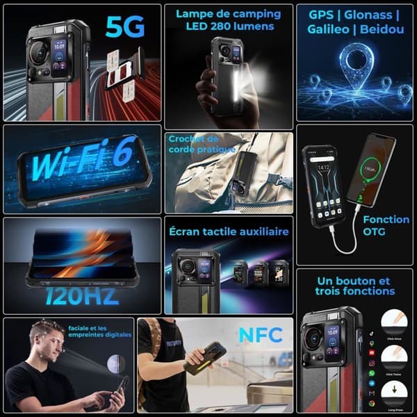 HOTWAV Hyper 7 Pro 5G Mobiltelefon Oförstörbar 36Go+256Go Robust Smartphone 10800mAh 200MP 120Hz 6.6"FHD+ NFC Android 14, Svart