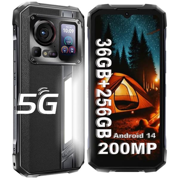 HOTWAV Hyper 7 Pro 5G Mobiltelefon Oförstörbar 36Go+256Go Robust Smartphone 10800mAh 200MP 120Hz 6.6"FHD+ NFC Android 14, Svart