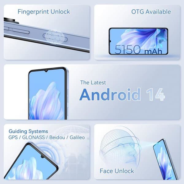 OUKITEL C50 Billiga Smartphones 5G, 24Go+128Go/1To 6,8"HD+/90Hz 50MP Android 14 Mobiltelefon 5150mAh Dubbel SIM 5G GPS - Blå