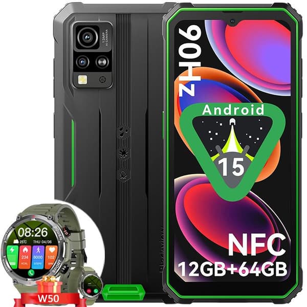 Blackview BV4800 SE Smartphone Oskadlig 6,56" 12Go+64Go 5100mAh Dual SIM Android 15 Grön med Smartwatch Blackview W50