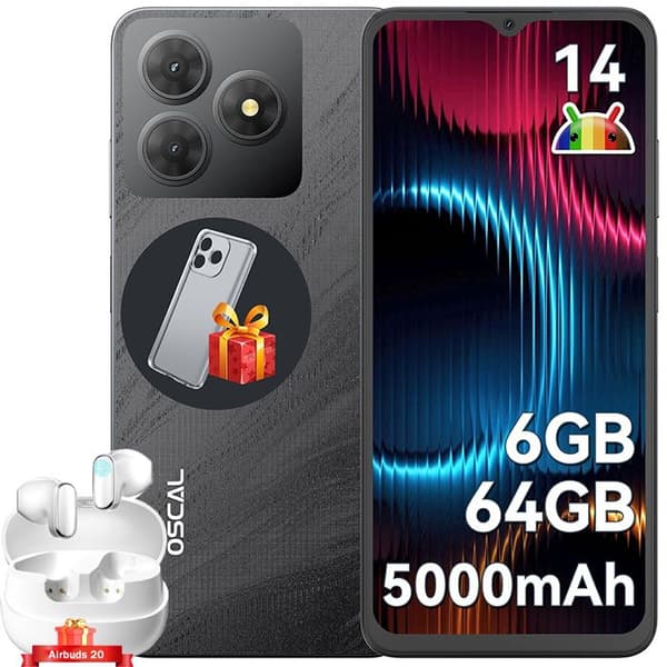 OSCAL Flat 2C Smartphone 4G Android 14, 6Go+64Go/TF 2To 6.56" 5000mAh Dual SIM Svart med Blackview Airbuds 20