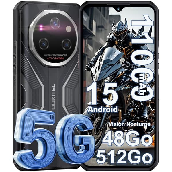OUKITEL WP55 Pro 5G Telefon Portabel Oslagbar Android 15 - 48Go+512Go 120Hz 6.6"FHD+ 2.4K 108MP+32MP 11000mAh 33W NFC/OTG, Svart