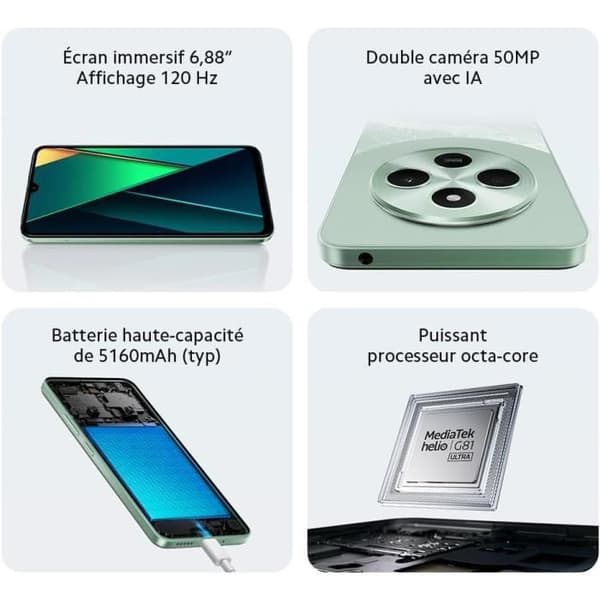 Smartphone POCO C75 6GB 128GB Grön, 2.0GHz, 6.88-tums skärm, Dubbel AI-kamera på 50MP, 5160mAH batteri, Fransk version 2 år av
