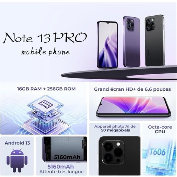 Billig Smartphone HOTWAV Note 13 Pro - Gåvor för Mors- och Farsdag - 6.6'' HD+ 5160mAh 8+256Go 50MP Mobiltelefon NFC - Svart