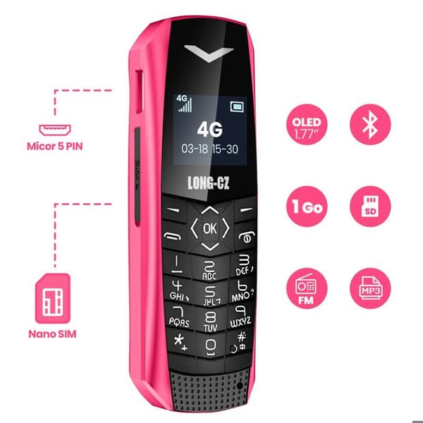 Mini mobiltelefon 4G LTE ultra kompakt, batteritid 5 timmar, fuchsia