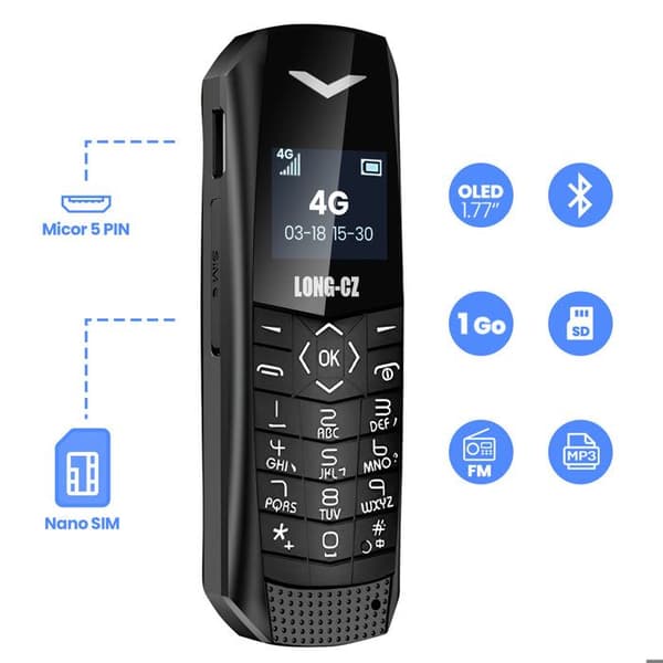 Mini mobiltelefon 4G LTE Ultra kompakt Batteritid 5 timmar Svart