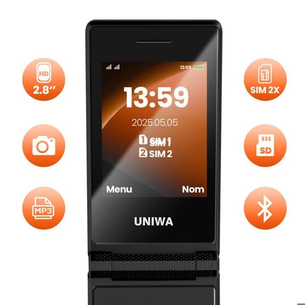 Mobiltelefon med vikbar design, dubbel skärm, 1200mAh batteri, dubbel SIM, svart