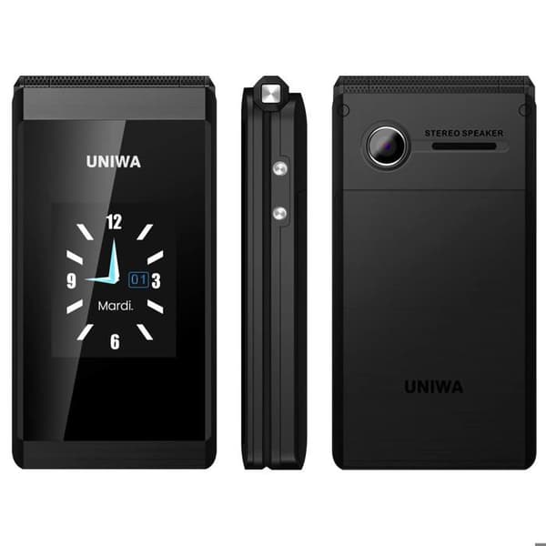 Mobiltelefon med vikbar design, dubbel skärm, 1200mAh batteri, dubbel SIM, svart