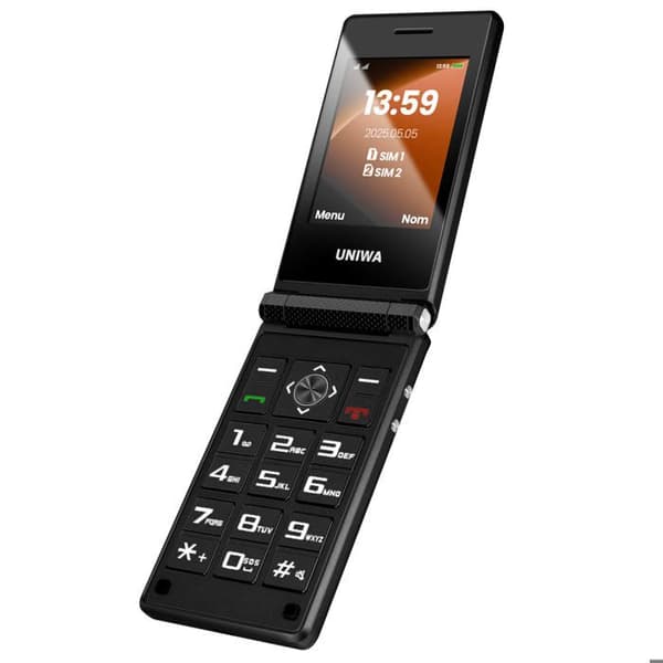 Mobiltelefon med vikbar design, dubbel skärm, 1200mAh batteri, dubbel SIM, svart