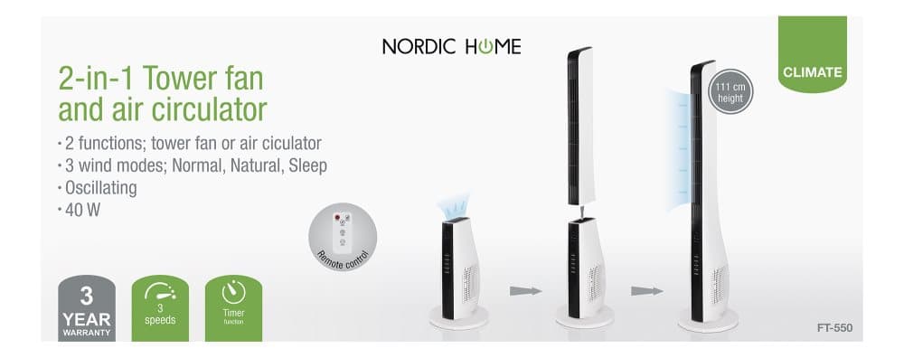 NORDIC HOME 2-in-1 tower fan and air circulator, 3 speeds, 40W