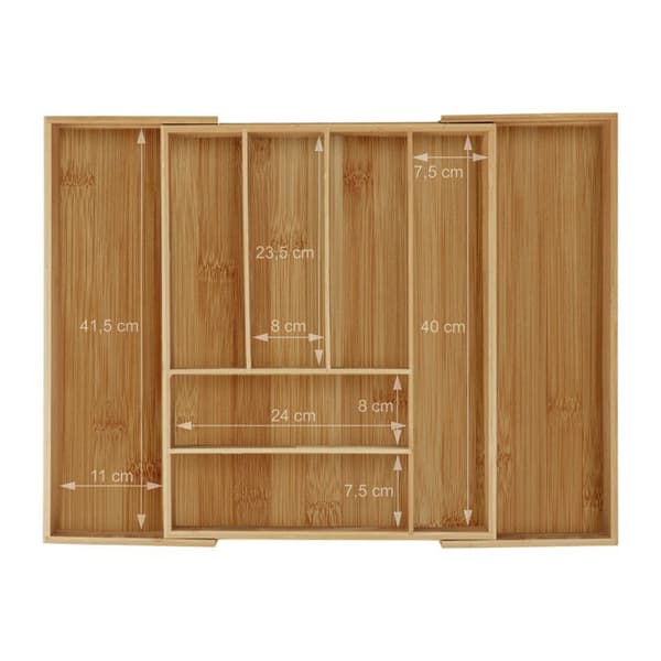 Relaxdays Bestickhållare, bambu, utdragbar, lådor organiserare, avskiljare, HLP 6,5x57,5x43 cm, natur
