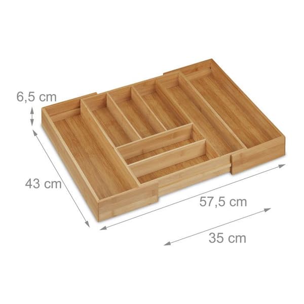 Relaxdays Bestickhållare, bambu, utdragbar, lådor organiserare, avskiljare, HLP 6,5x57,5x43 cm, natur
