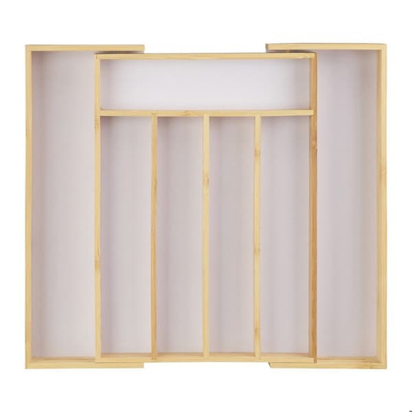Relaxdays Besticklåda Avdelare Expanderbar låda Variabel bredd 5-7 fack Bambu, 5x40x35cm, Natur/Vit