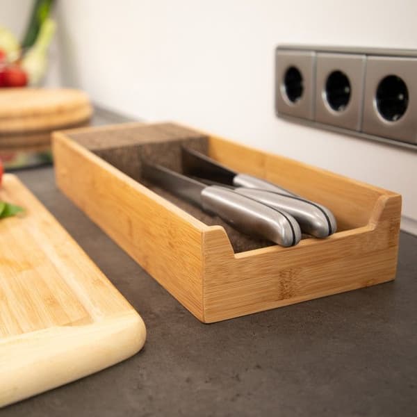 Relaxdays Rangeknivar trä besticklåda utdragbar kök bambu HxlxP: 6,5 x 38 x 33,5 cm, natur