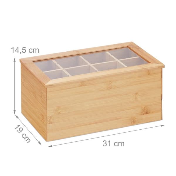 Relaxdays Te box, bambu, flexibla fack, visningsfönster, låda, HLP 14,5 x 31 x 19 cm, natur